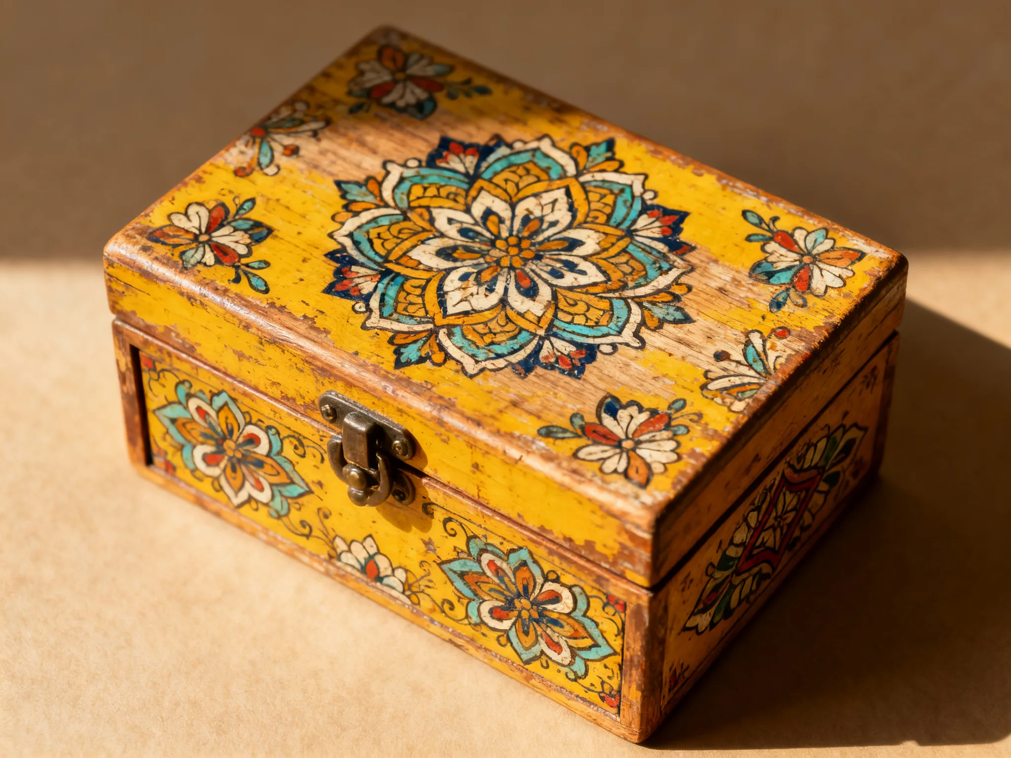 Vintage Carved Makeup Box: Encounter of Natural Wood Texture and Ethnic Patterns
